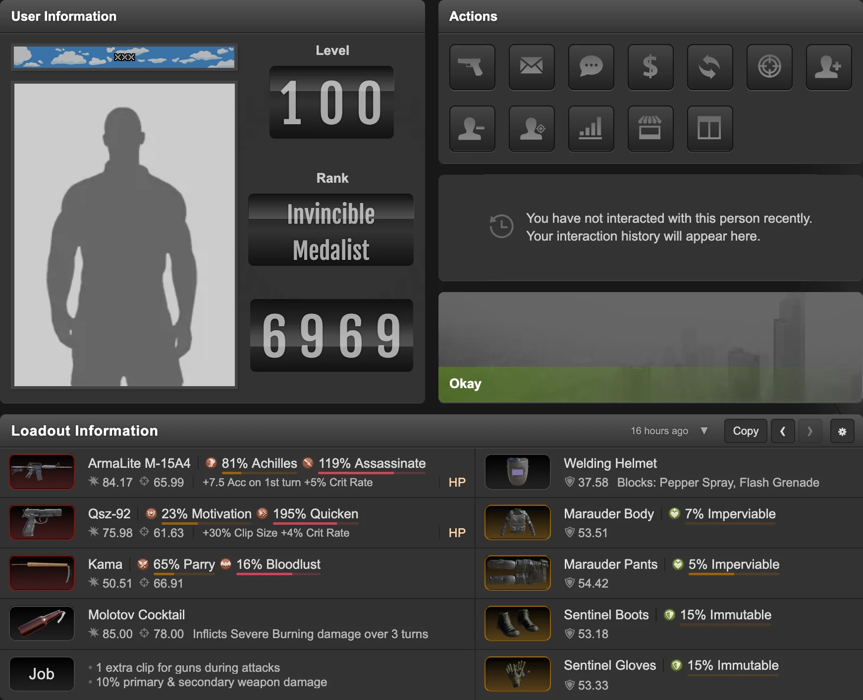 KAL loadout summary beneath a Torn player profile